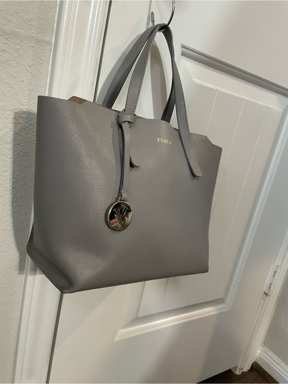 Furla Gray Saffiano Leather Tote with Gold Charm